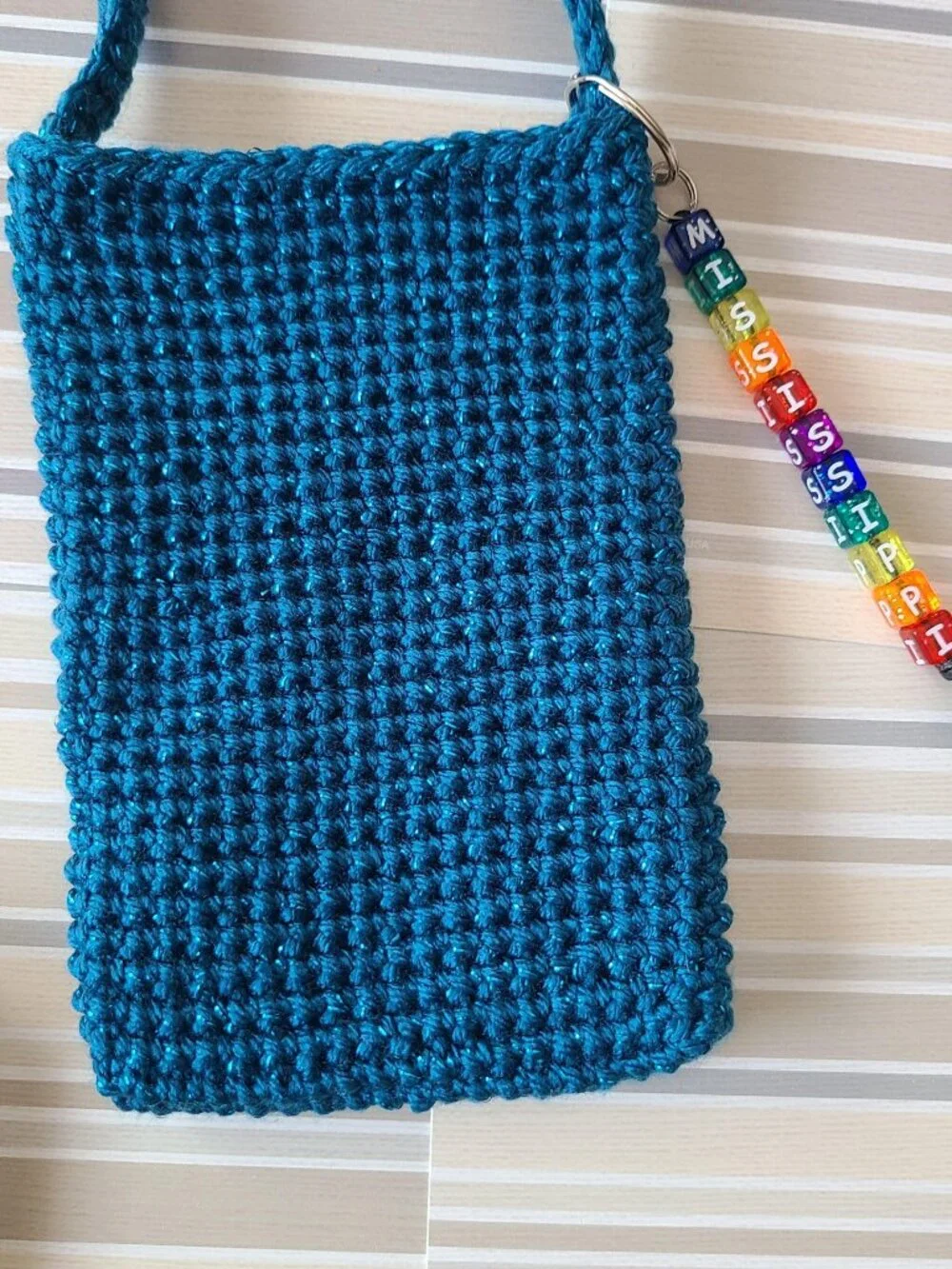Hand Crochet Cell Phone Case Holder Crossbody Bag with Key Chain Teal Sparkling
